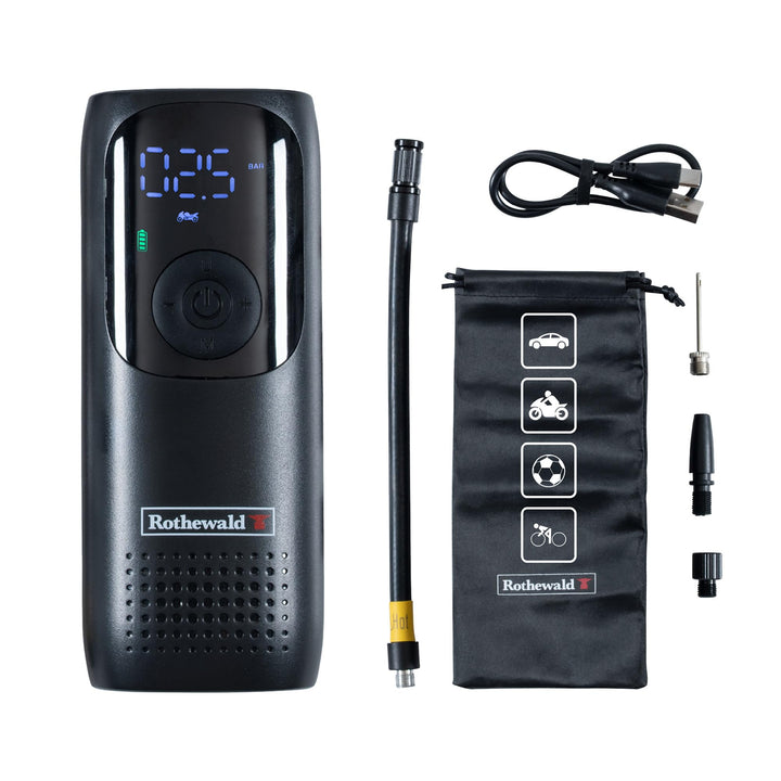 Rothewald Akku Druckluftpumpe 10 Bar, Elektrische Luftpumpe mit Digitalem Manometer, Reifenpumpe für
