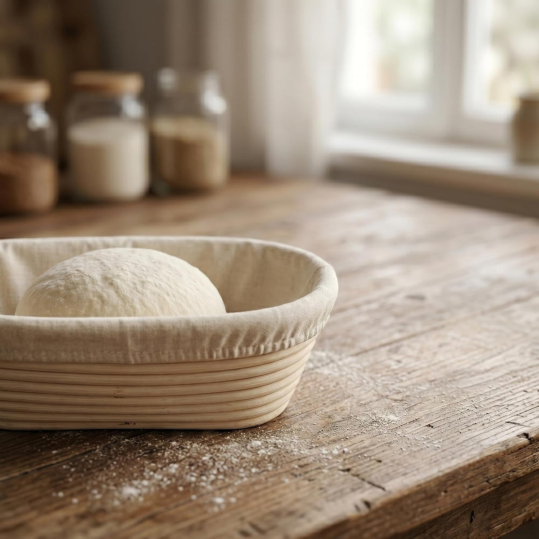 Ovaler Gärkorb 35x15x8 cm aus Rattan mit Leineneinsatz | Banneton Brotgärkörbchen für Sauerteig, nat