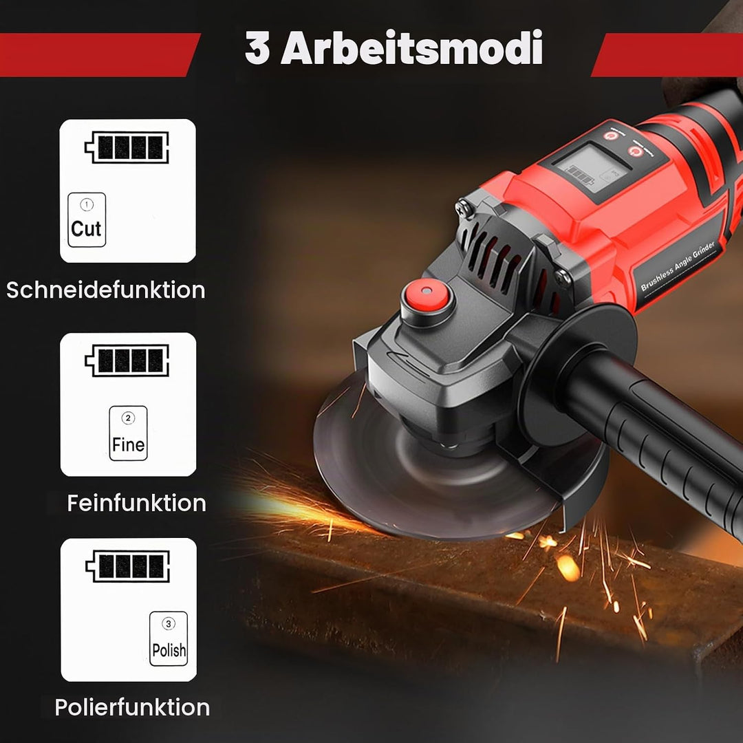 Iriisy Akku Winkelschleifer 115mm 21V Professional mit Digitalanzeige, 3 Modi Bürstenloser Winkelsch