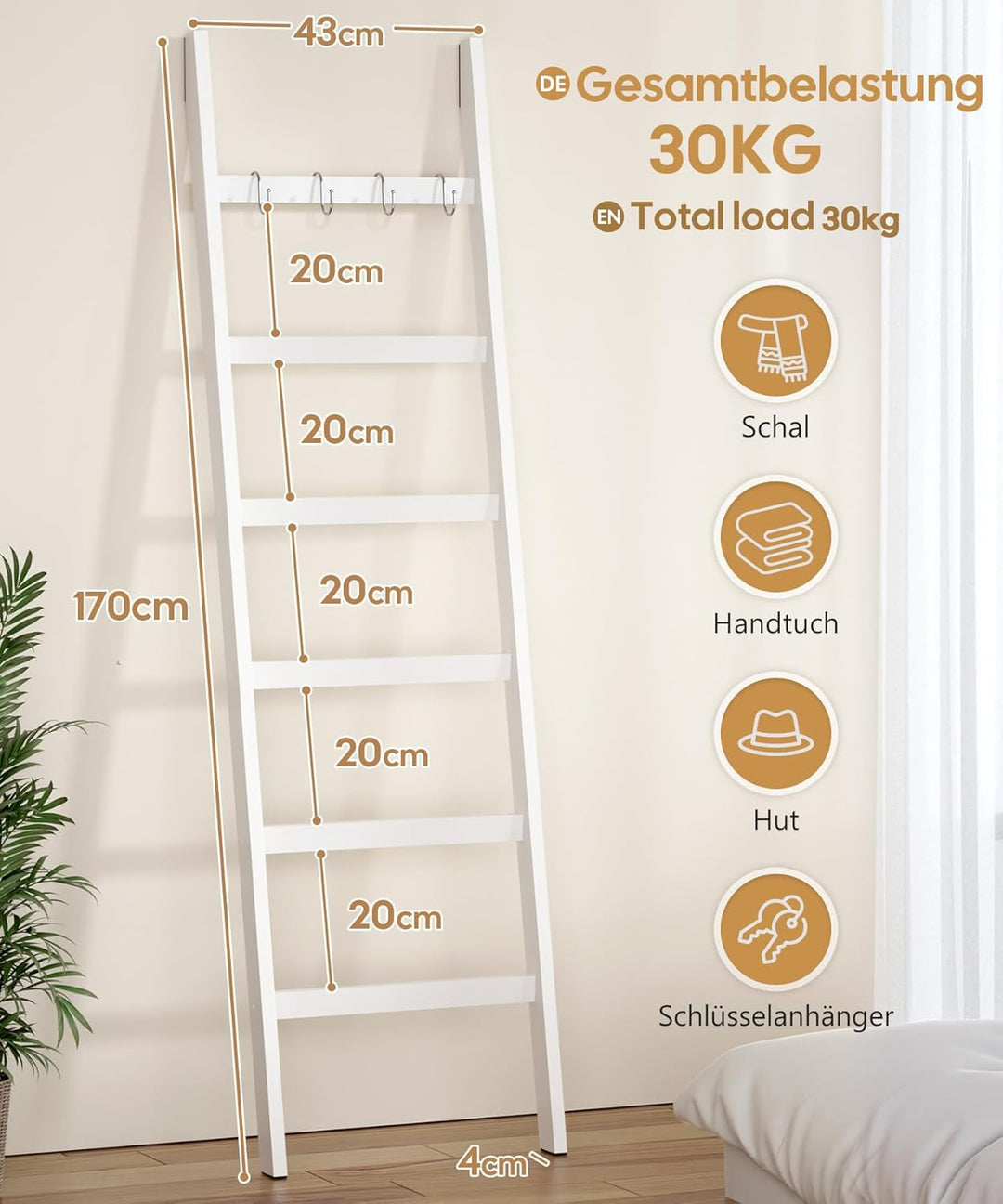 Yorbay Handtuchleiter Bambus, 6 Sprossen, Kleiderleiter mit 2 Sturzsicherheitsriemen und 4 Haken, Ha