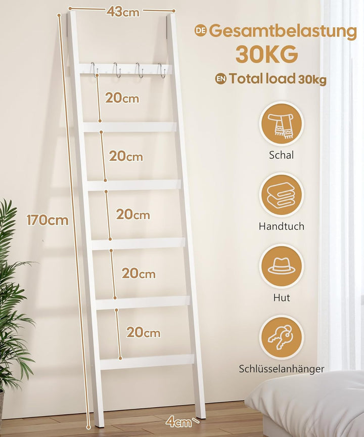 Yorbay Handtuchleiter Bambus, 6 Sprossen, Kleiderleiter mit 2 Sturzsicherheitsriemen und 4 Haken, Ha
