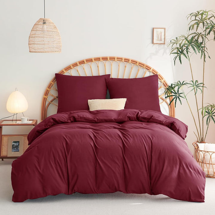 WAVVE Bettwäsche 200x200 3 teilig Weinrot Rot - Bettbezug 200 x 200 Set mit Kissenbezüge 80x80 cm, B
