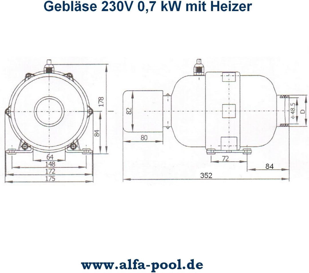 Heizgebläse 230V 700W mit integriertem Druckwellenschalter, Luftsprudel für Whirlpool, Badezuber mit