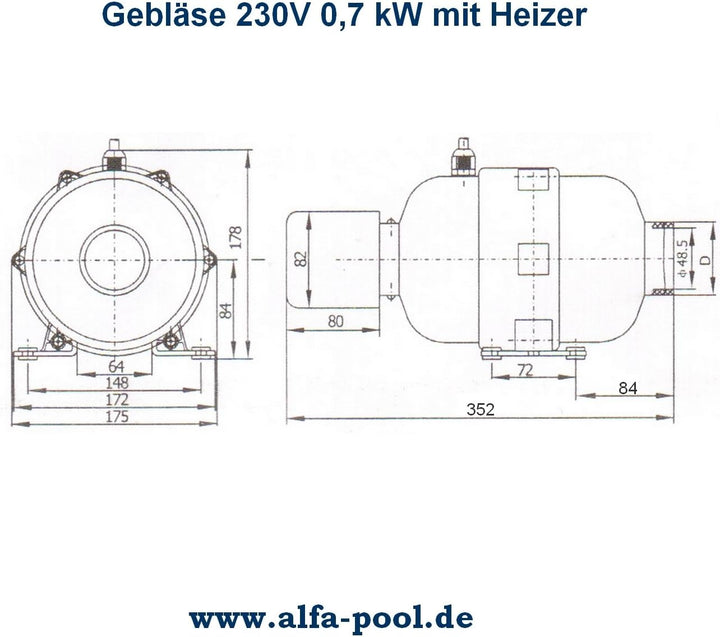 Heizgebläse 230V 700W mit integriertem Druckwellenschalter, Luftsprudel für Whirlpool, Badezuber mit