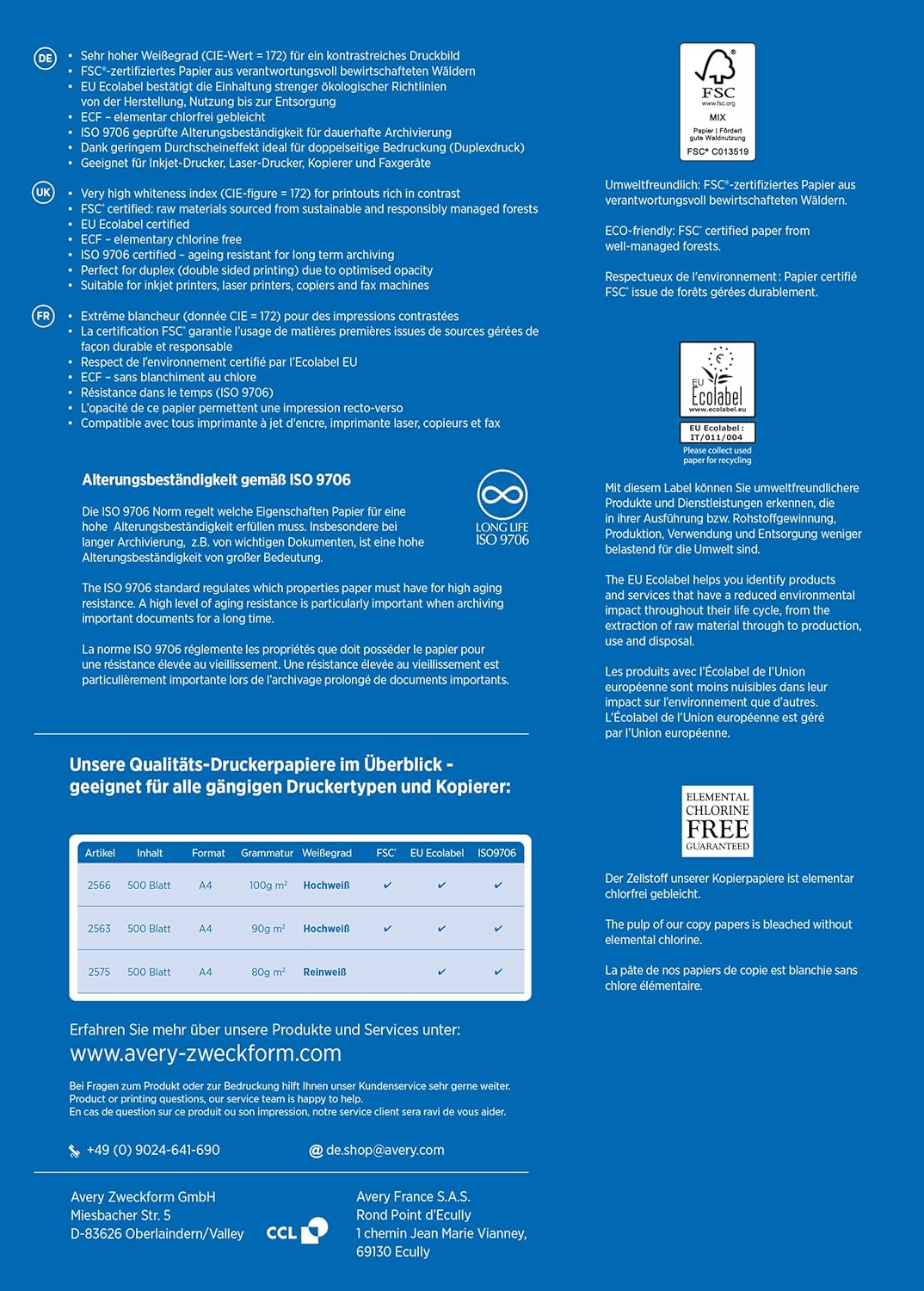 AVERY Zweckform 2563 Drucker-/Kopierpapier (500 Blatt, 90 g/m², DIN A4 Papier, hochweiss, für alle D