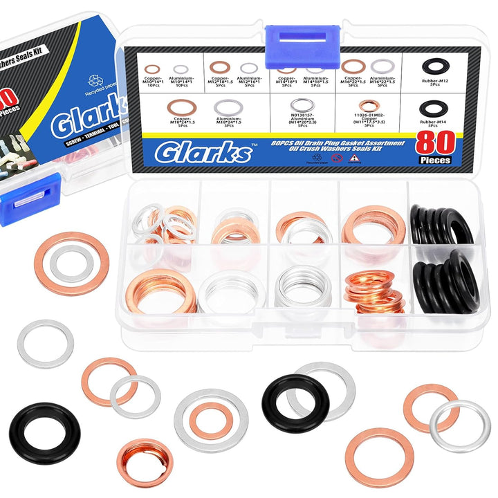 Glarks 80pcs 11 Grössen Automotive Öl Drain Plug Dichtung Kit M10 M11 M12 M14 M16 M18 Aluminium Kupf
