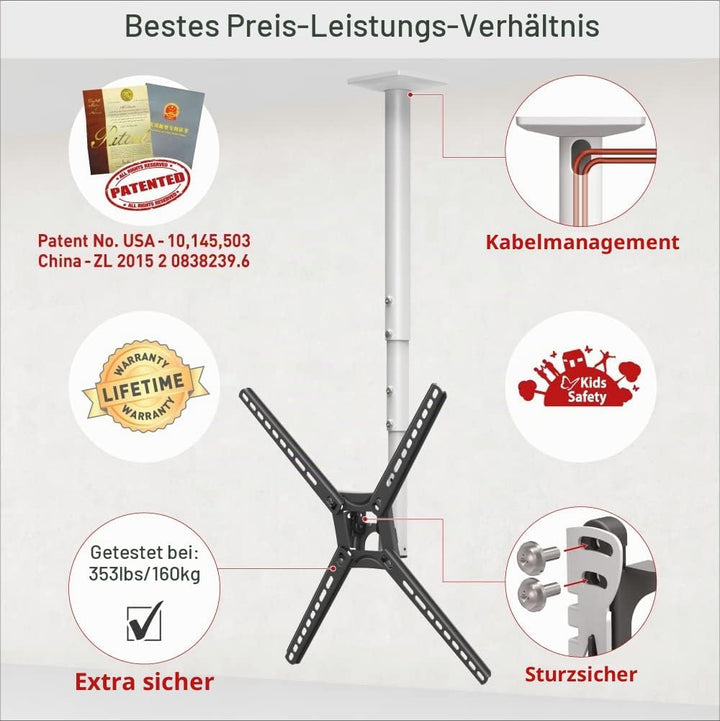 Barkan lange Weiss TV Deckenhalterung, 29 - 65 Zoll Neigbar / Vollbewegung flach &amp; curved Fernseher