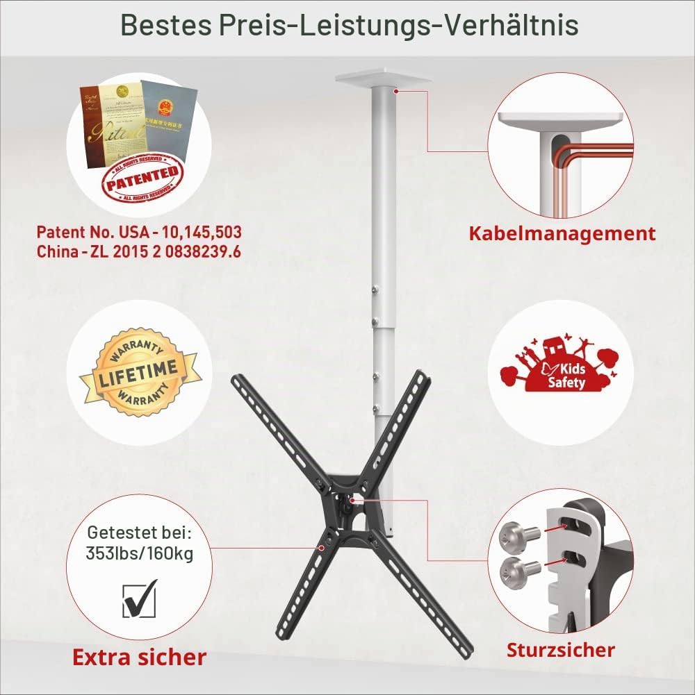 Barkan 97cm Lange Weiss TV Deckenhalterung, 13-65 Zoll Neigbar Fernseher TV Halterung, hält bis 40Kg