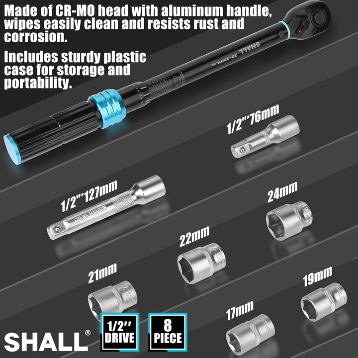 Shall 7-Piece 1/2" Torque Wrench Set, (20-220Nm), Suitable for car and motorcycle maintenance,With e