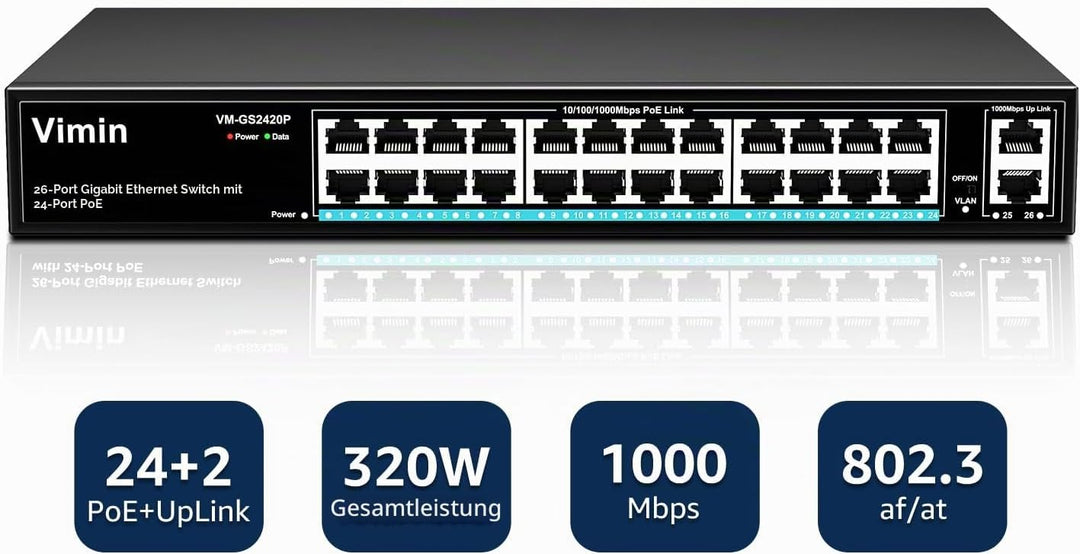 VIMIN 24-Port Gigabit PoE Switch mit 2 Uplink Gigabit Ports, 26-Port Unmanaged Ethernet PoE Switch m
