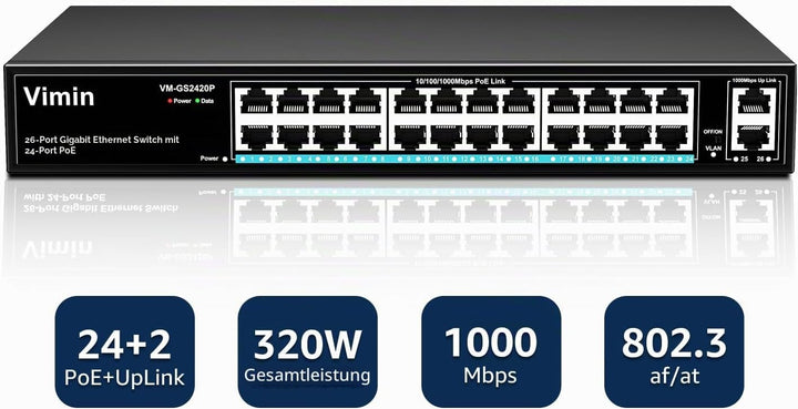 VIMIN 24-Port Gigabit PoE Switch mit 2 Uplink Gigabit Ports, 26-Port Unmanaged Ethernet PoE Switch m
