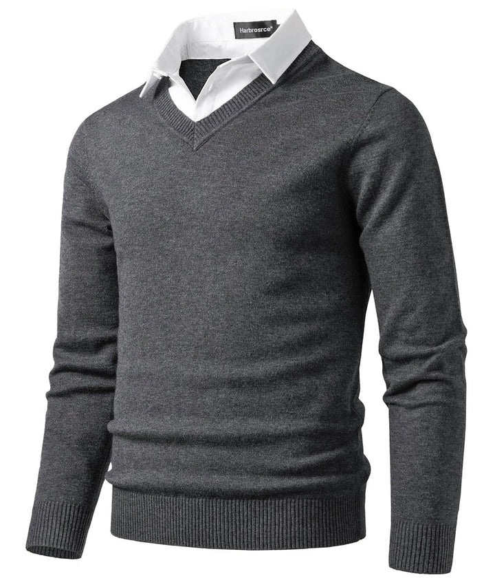 Herren Strick Pullover V Ausschnitt Strickpullover Feinstrick Mock Hemdkragen Strickwaren Lange Ärme