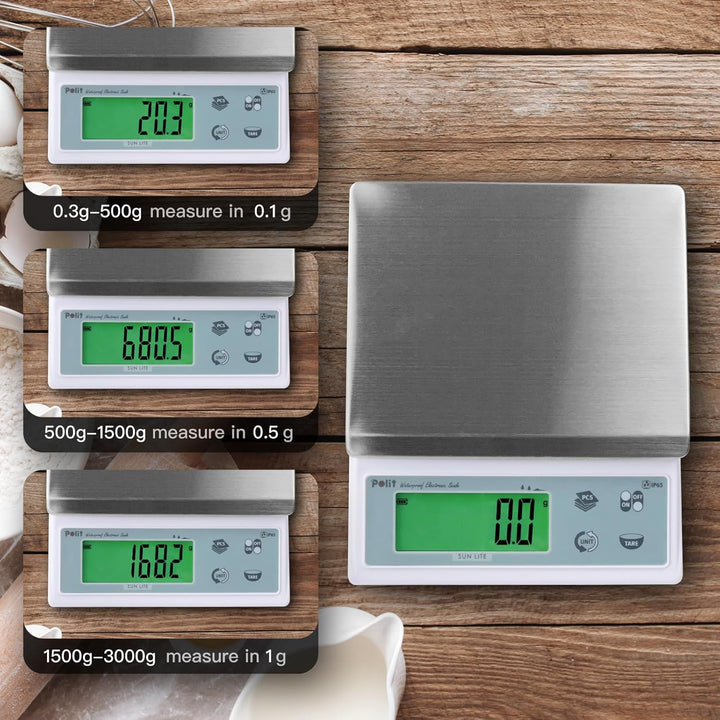 Polit Sun Lite IP65 wasserdichte Küchenwaage – 3kg/6,6lb, präzise 0,1g. Abnehmbares Edelstahl-Tablet