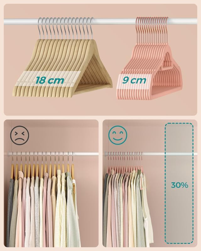 SONGMICS Kleiderbügel Samt, 30er Set, Bügel, rutschfest, kleine Stange für Krawatten, 360° drehbarer