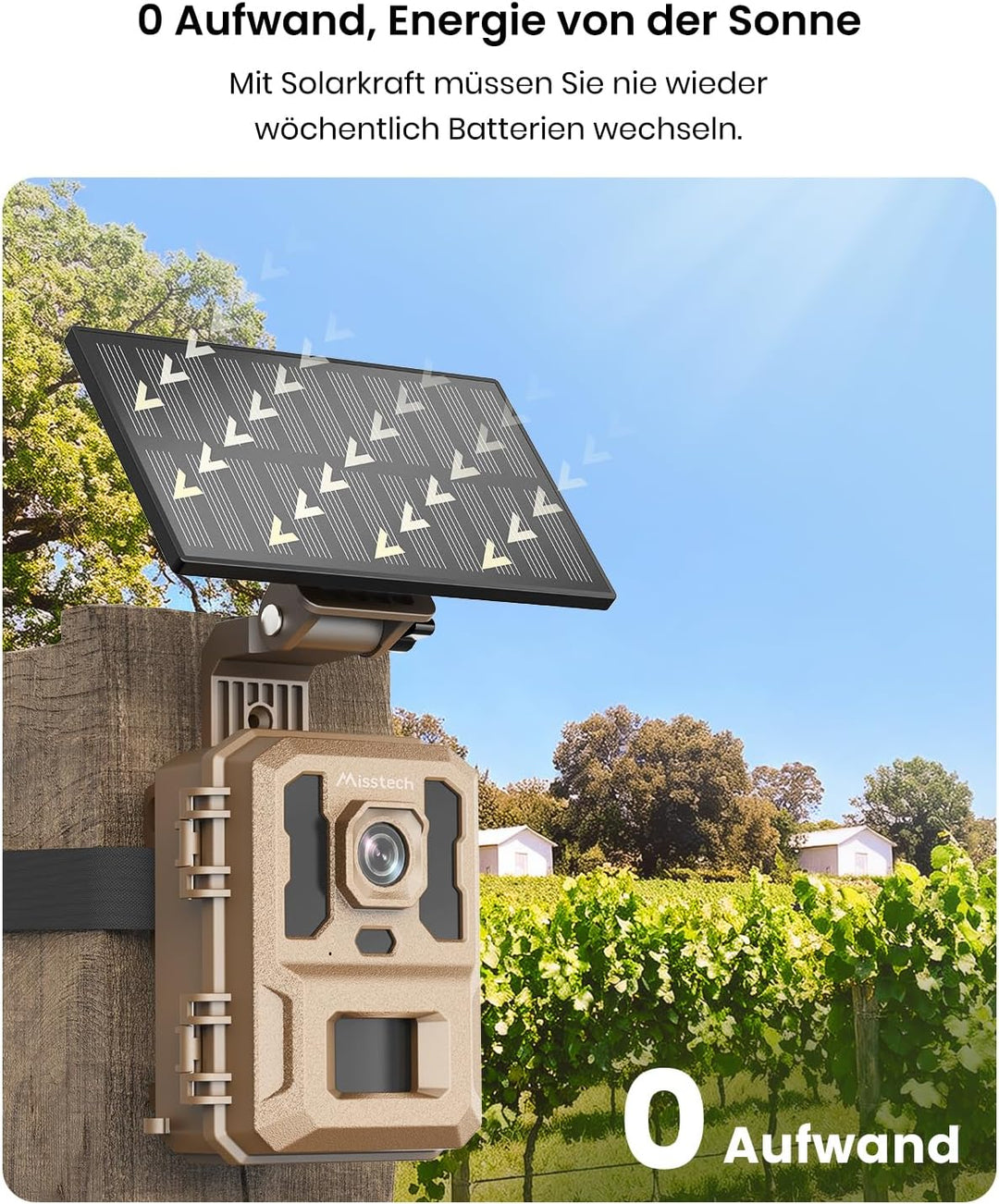 Misstech 4K 64MP UHD Solar Wildkamera mit Handyübertragung App, Klare Nachtsicht, Solar-autark, 0,1s