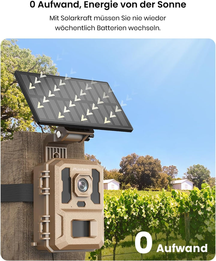 Misstech 4K 64MP UHD Solar Wildkamera mit Handyübertragung App, Klare Nachtsicht, Solar-autark, 0,1s