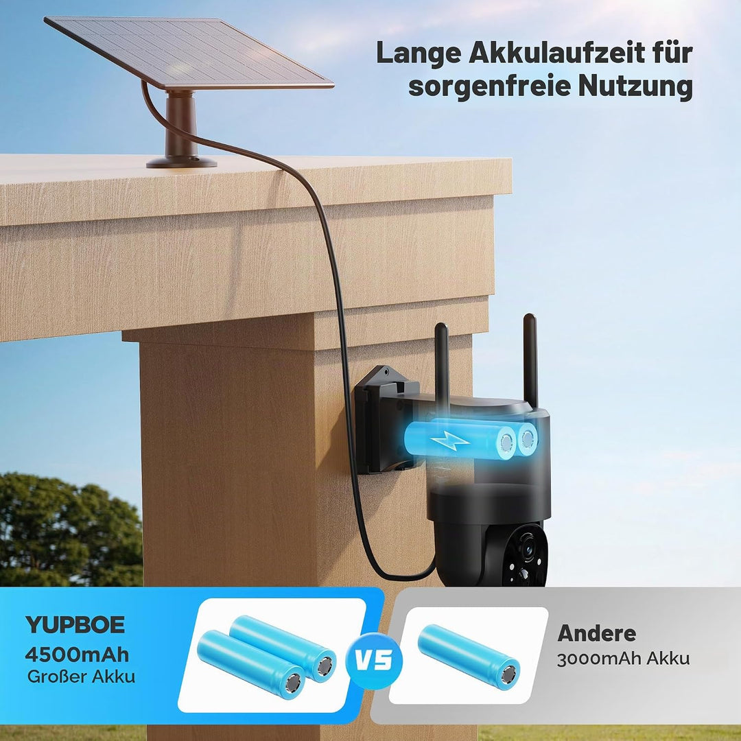 2Stück Überwachungskamera Aussen Akku Solar: 2K Kamera Überwachung Aussen 360° Schwenk WLAN IP Kamer