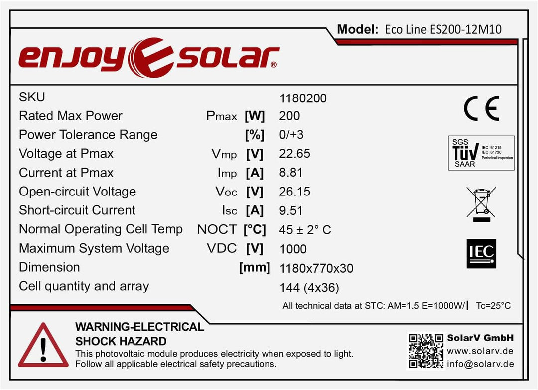 enjoy solar® 200W 12V Monokristallines Solarmodul mit HPBC-Technologie - 25% Hocheffizienz, 182mm So