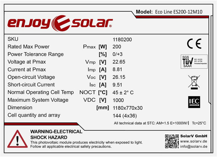 enjoy solar® 200W 12V Monokristallines Solarmodul mit HPBC-Technologie - 25% Hocheffizienz, 182mm So