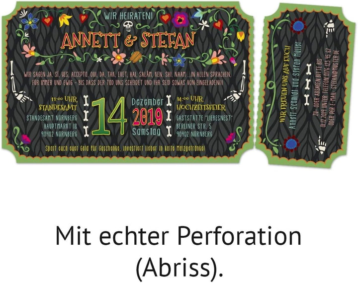 40 x Lasergeschnittene Hochzeitseinladungen DIN Lang individuell - Sugar Skull Ticket, 40