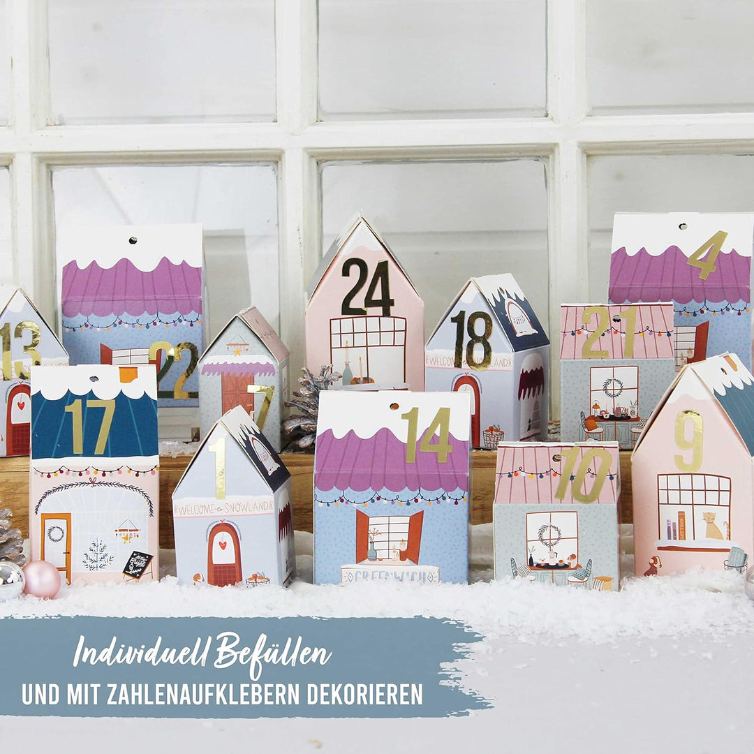 Papierdrachen DIY Adventskalender zum Basteln und Befüllen - Häuser Set - Weihnachtsdorf bunt - 24 b