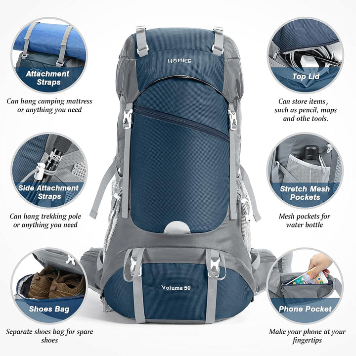 HOMIEE Wanderrucksack 50L, Herren Damen Wasserdichter Trekkingrucksack Reiserucksack Outdoor Wandern