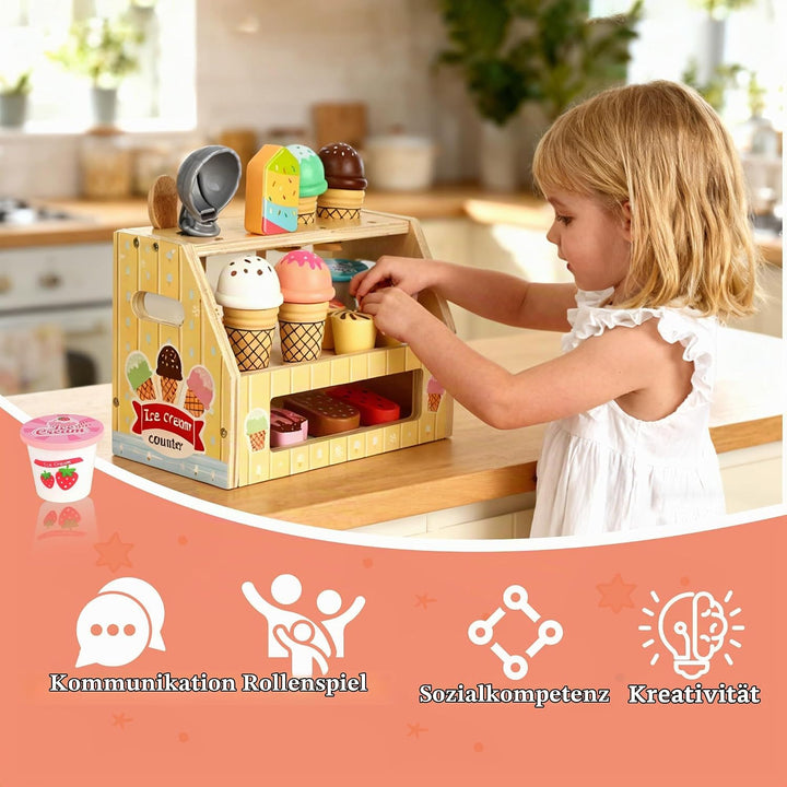 Eisdiele Kinder Holz, Eisladen Kinder Holz mit Eisstand, Langlebiges EIS Spielzeug für Kinder, Kinde