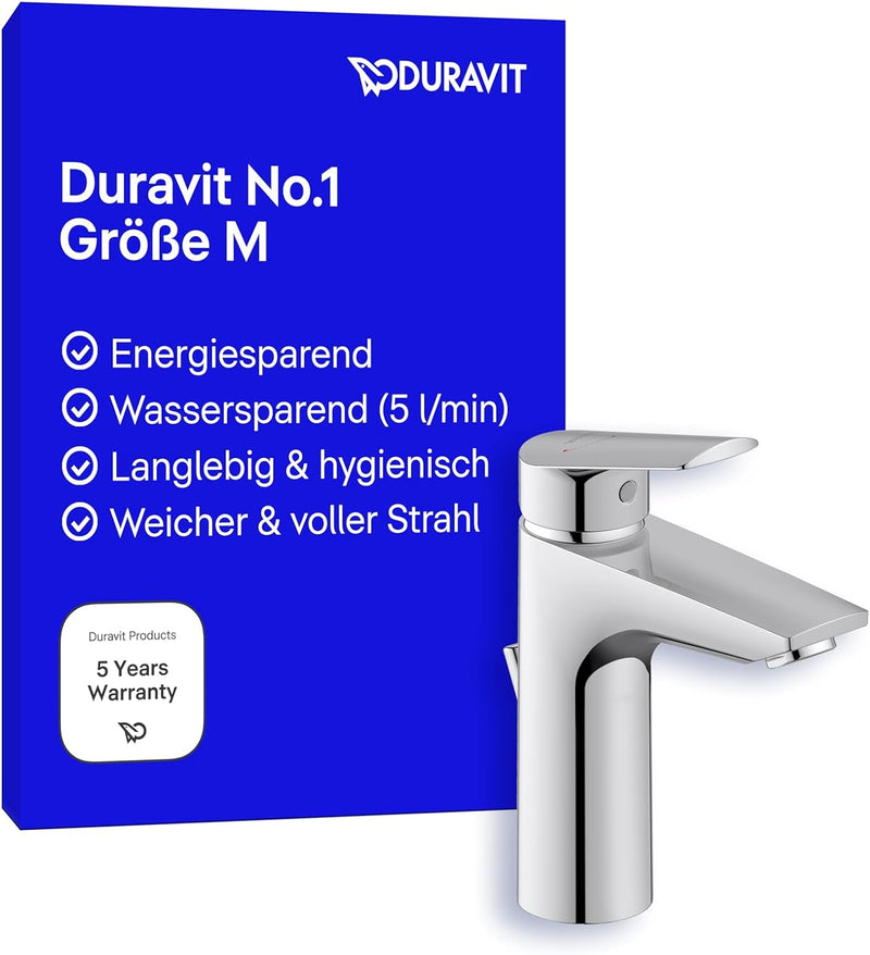 Duravit No.1 Waschtischarmatur, Grösse M (Auslauf Höhe 117 mm), Wasserhahn Bad mit Zugstangen-Ablauf