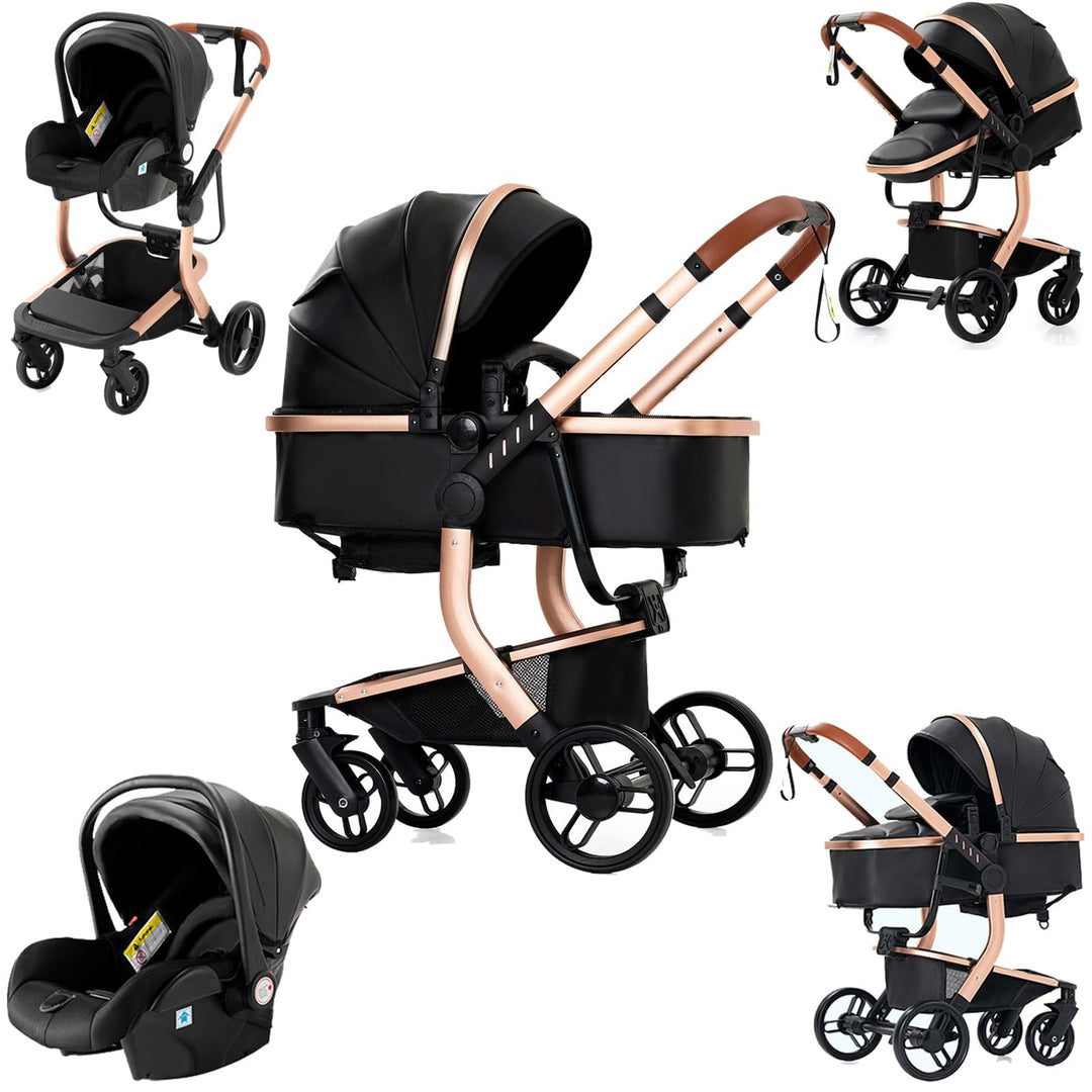 Nine point nine PU-Leder Kinderwagen 3 in 1, Kinderwagen Set mit Umkehrbarem Doppelschiebemodus, Kom