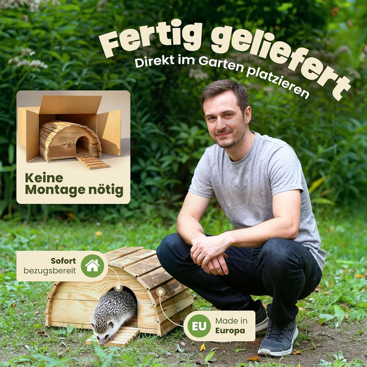 zooprinz Igelhaus aus Vollholz – winterfest & wetterfest, mit Bodenplatte – Labyrinth-Eingang gegen