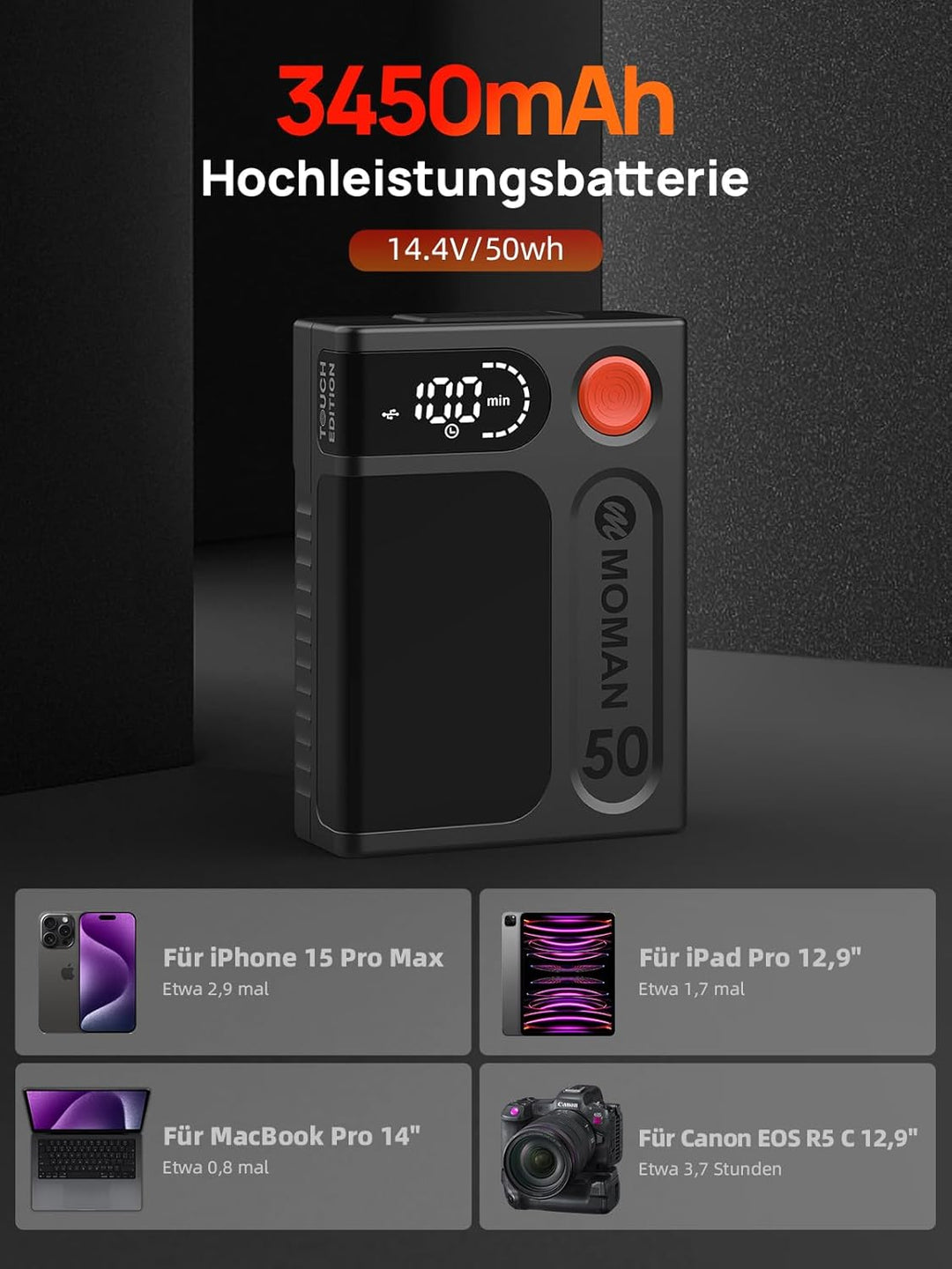 V-Mount Akku, Moman Power 50 Touch Klein V-Lock Batterie 50Wh/3450mAh mit Berührungstaste&LED Bildsc