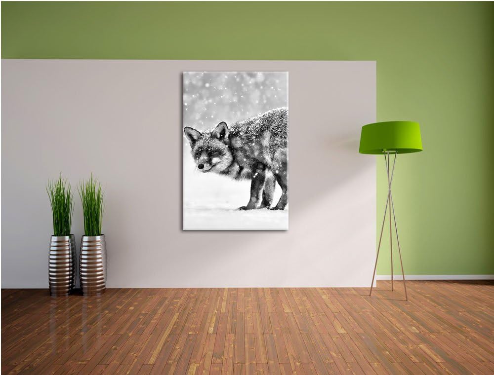 Pixxprint Monocrome, Roter Fuchs im Schneegestöber, Format: 100x70 auf Leinwand, 100x70