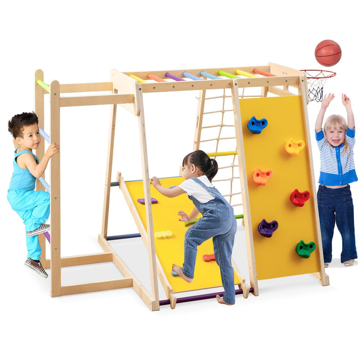 COSTWAY Klettergerüst Indoor, 6 in 1 Kletterleiter & Kletterstrick & Kletterfelsen & Rutsche & Affen