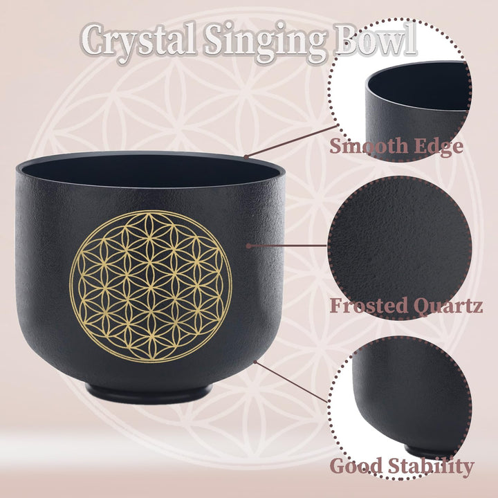 KVKA Kristall-Klangschalen Set, 6-12 inch 432Hz Schwarz Frosted Quarz Flower of Life Chakra Klangsch