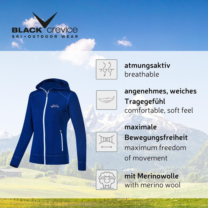 Black Crevice Damen Merino Kapuzenjacke I Hochwertige Merino-Jacke I Jacke für Damen aus 70% Merinow