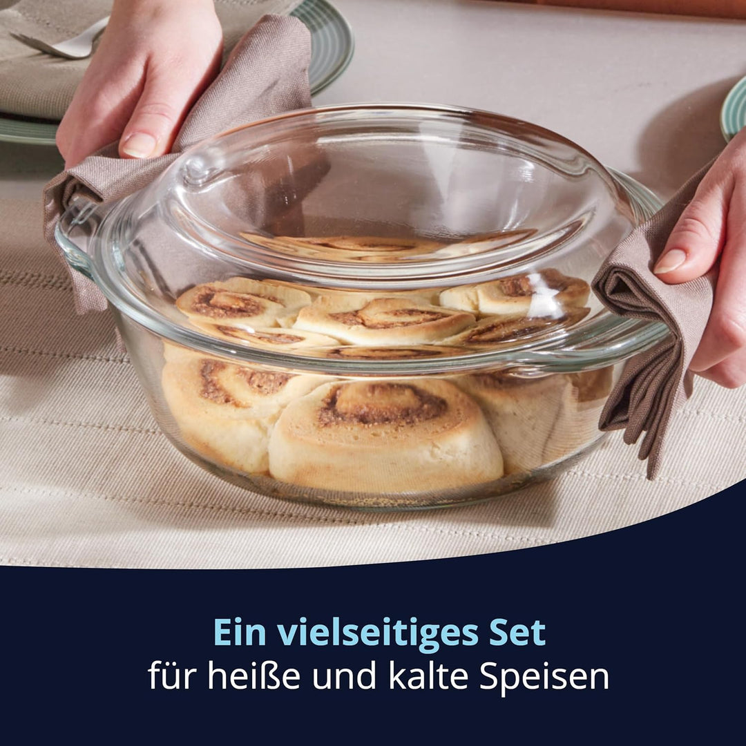 KHG Auflaufformen aus Glas mit Deckel 2er Set 2 Liter Rund für kalte & warme Speisen, spülmaschinenf