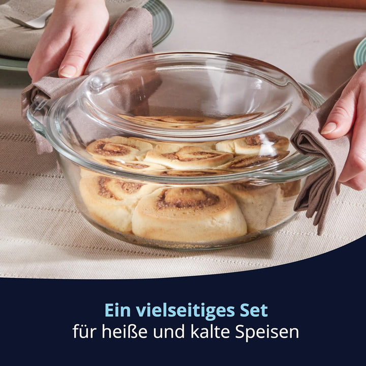 KHG Auflaufformen aus Glas mit Deckel 2er Set 2 Liter Rund für kalte & warme Speisen, spülmaschinenf