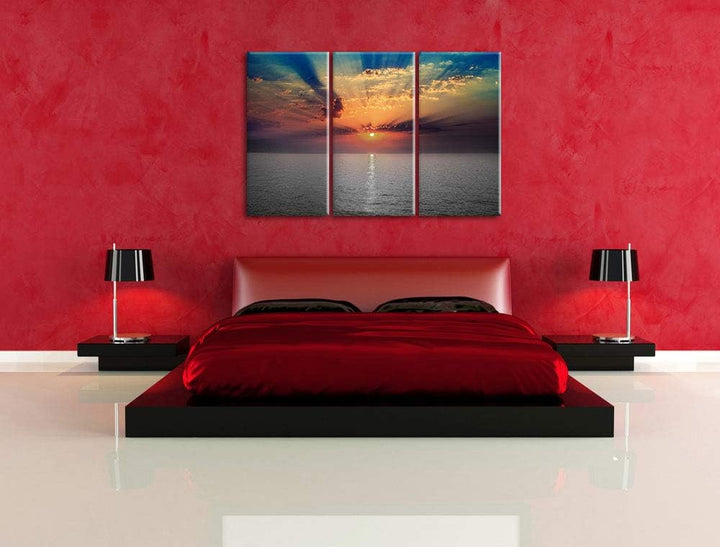 bezaubernder Sonnenuntergang über dem Meer schwarz/weiss 3-Teiler Leinwandbild 120x80 Bild auf Leinw