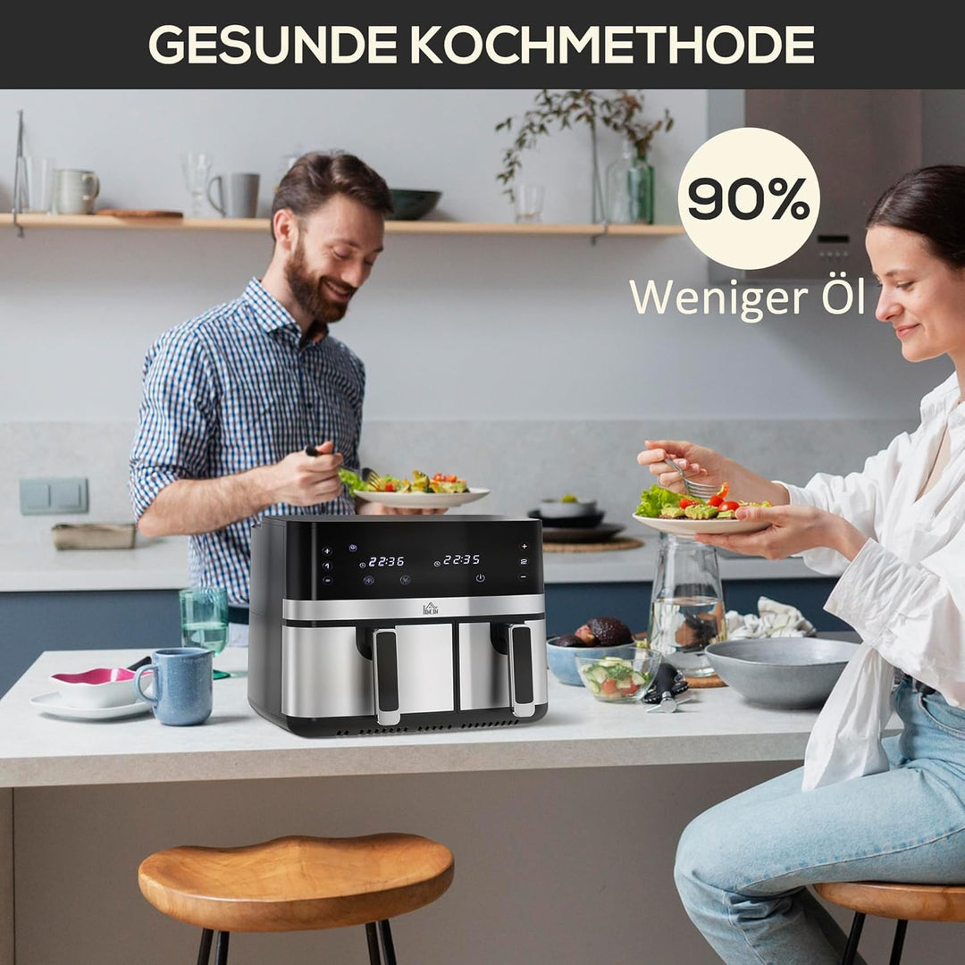 HOMCOM Dual Zone Heissluftfritteuse 8,5 L Airfryer 2700W mit 2 Fächer, 8 Programme, Antihaftbeschich