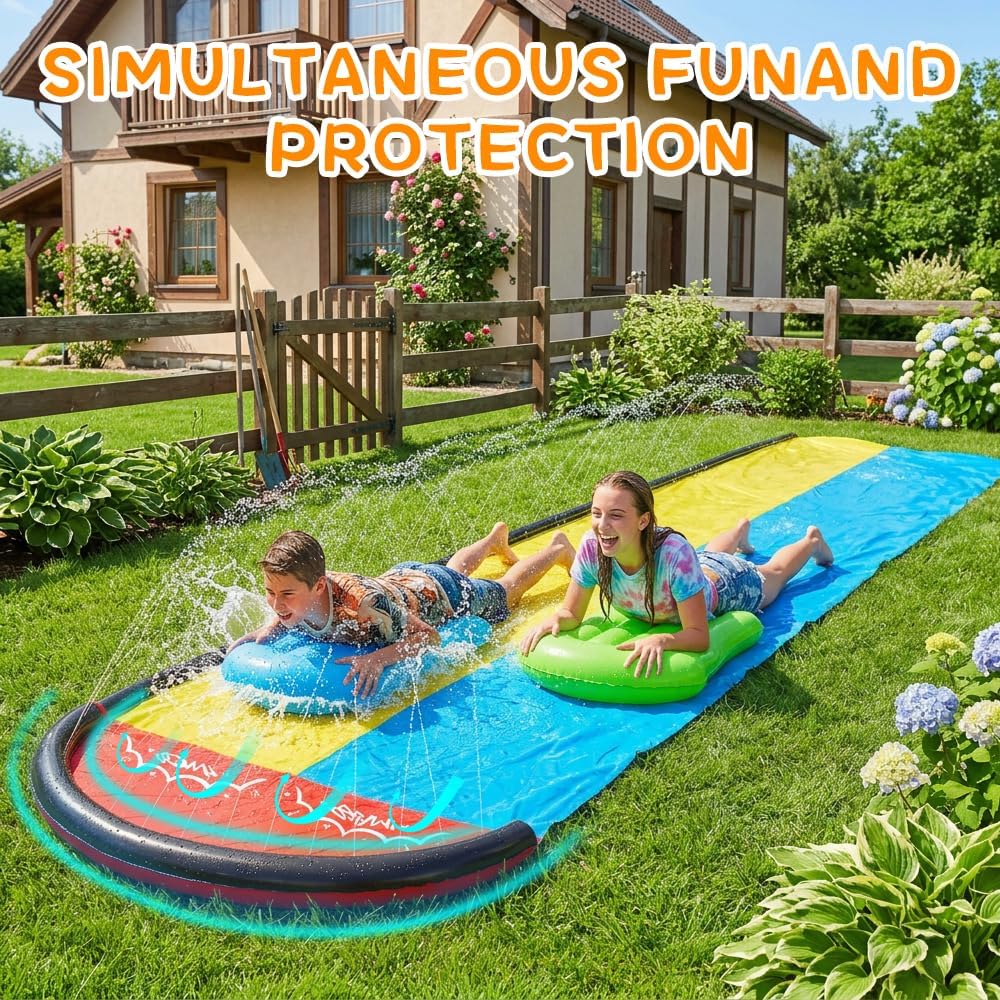 610cm/20ft Wasserrutsche Garten für Kinder, Wasserrutschmatte mit 2 Bodyboards, Doppelrutsche mit ei