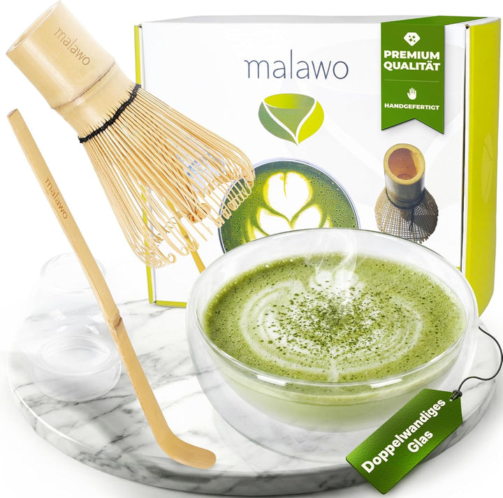 Premium Matcha Set 4-teilig Doppelwandige Glasschale [500ml] Matcha Zubereitung Traditionelles Zubeh