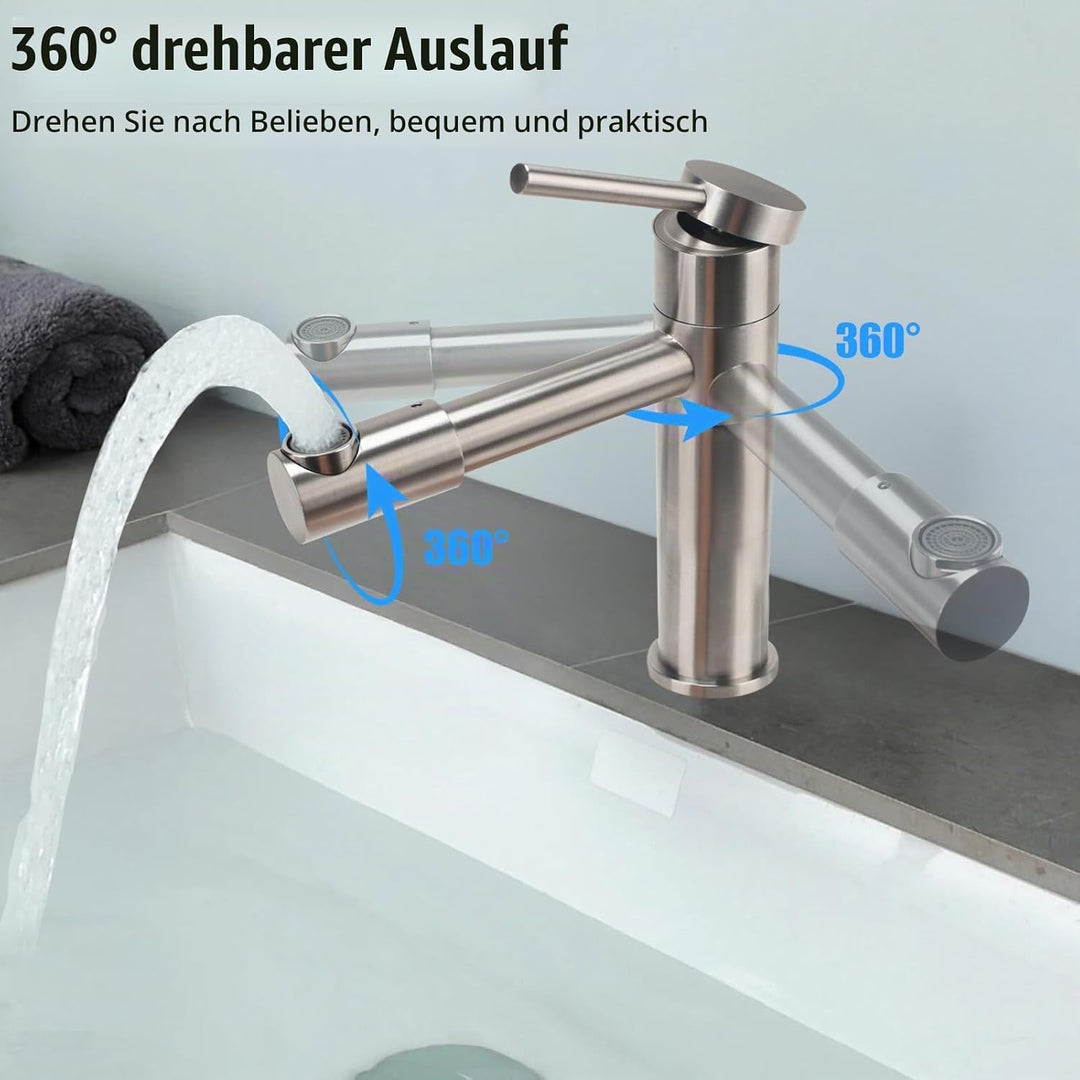 Wasserhahn Bad 360° Drehbar Waschtischarmatur Edelstahl Silber | Armatur Badezimmer mit Keramikkartu