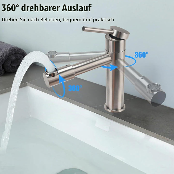 Wasserhahn Bad 360° Drehbar Waschtischarmatur Edelstahl Silber | Armatur Badezimmer mit Keramikkartu