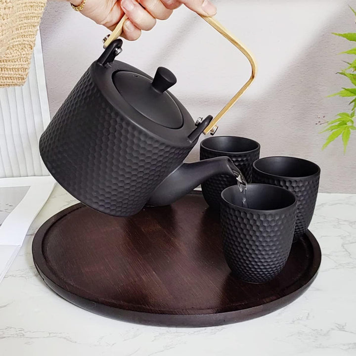 Japanisches Teeservice Keramik Schwarz, Vintage Porzellan Teeset mit Sieb, 900ML Porzellan Teekanne