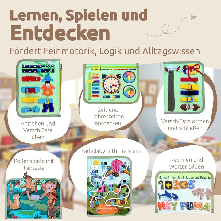 Mallie® Montessori Busy Board mit Rollenspiel-Set & Fingerpuppen [Version 2025] Lernbuch - Fördert F