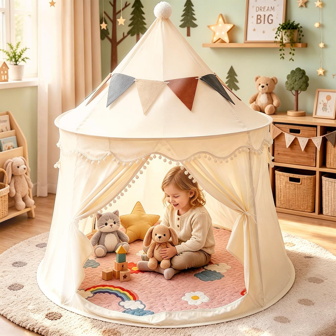 Kinderzelt Indoor mit Aufbewahrungsbeutel und bunten Flaggen，inkl Bodenmatte für Indoor &amp; Outdoor,10