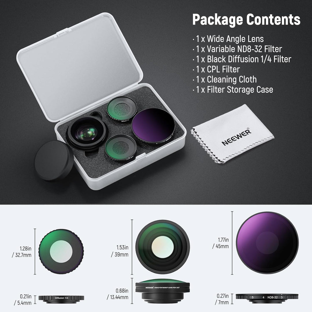 NEEWER 4 in 1 ND Filter und Objektiv Zubehör Set kompatibel mit DJI Osmo Action 5 Pro/4, Variabler N