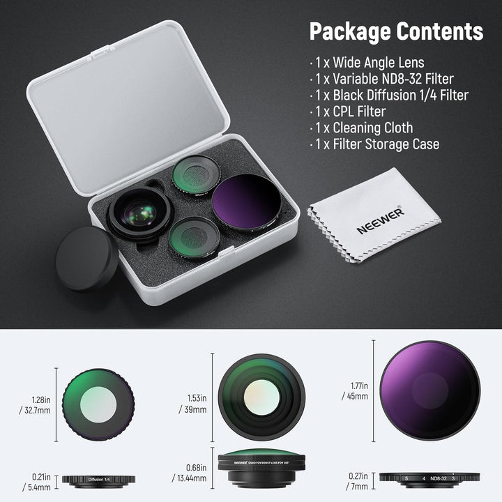 NEEWER 4 in 1 ND Filter und Objektiv Zubehör Set kompatibel mit DJI Osmo Action 5 Pro/4, Variabler N