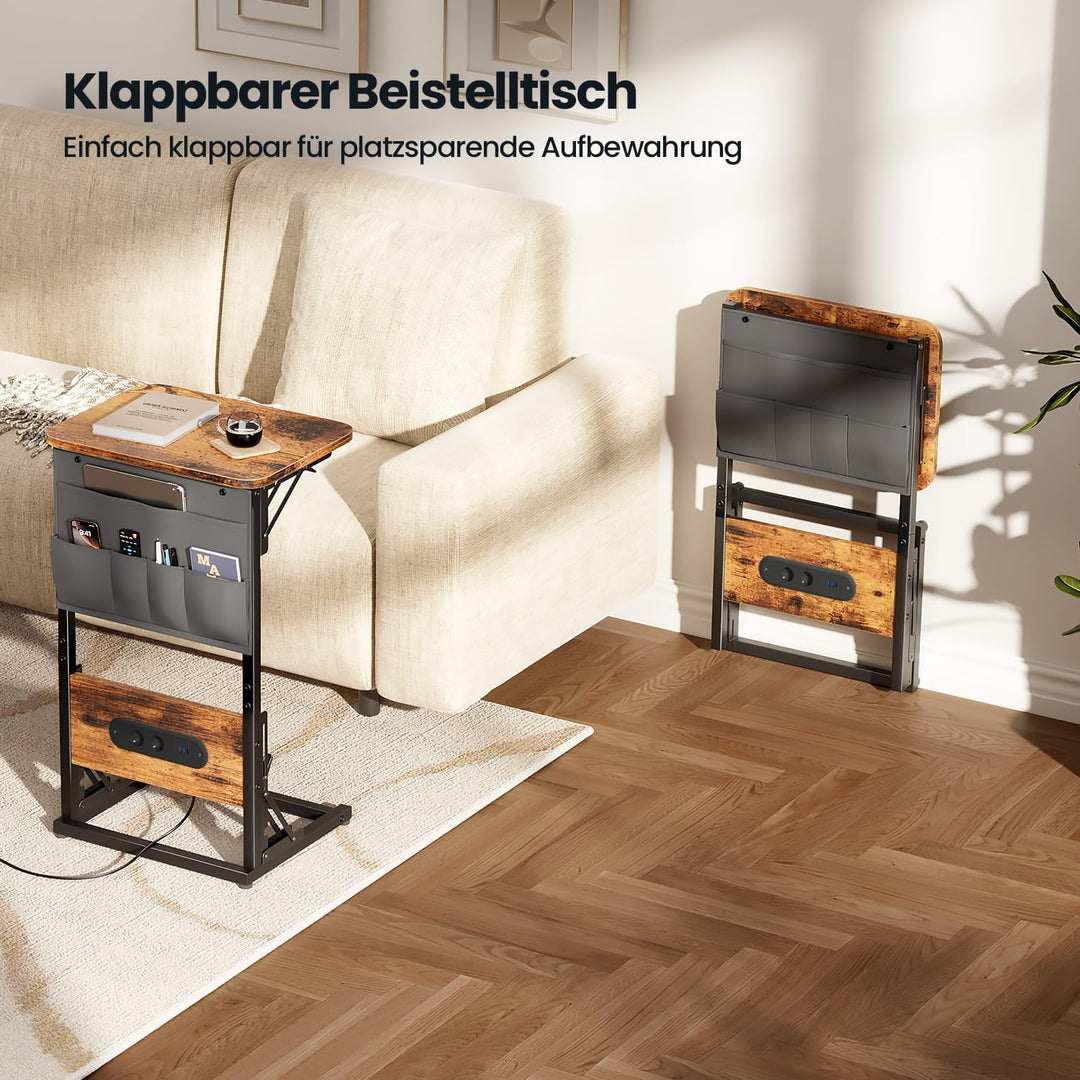HLONONE Beistelltisch C Form, Klappbarer Sofatisch mit Steckdosen, Couchtisch mit Metallrahmen für S