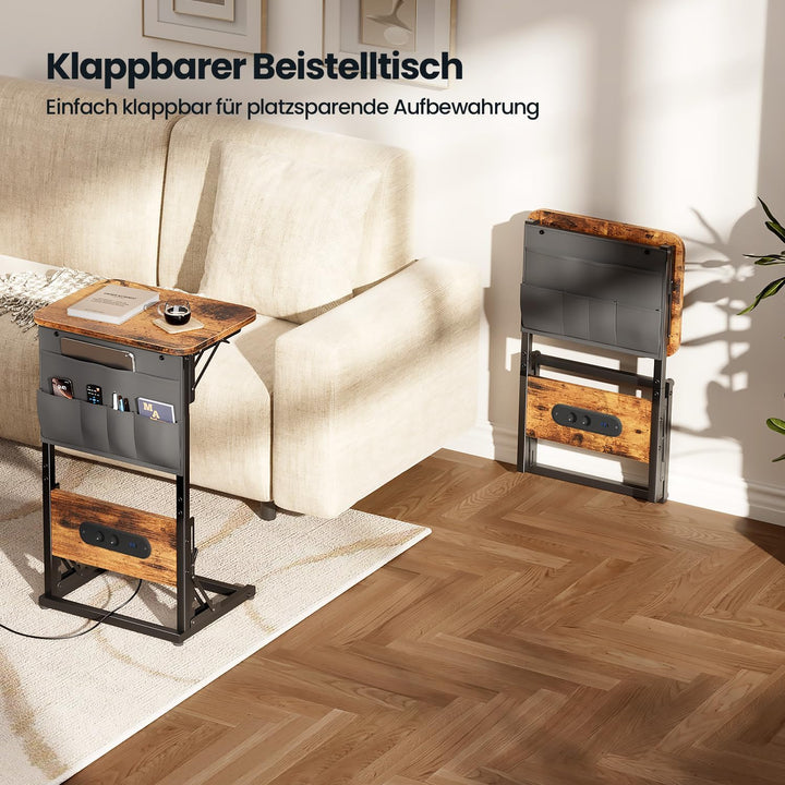 HLONONE Beistelltisch C Form, Klappbarer Sofatisch mit Steckdosen, Couchtisch mit Metallrahmen für S